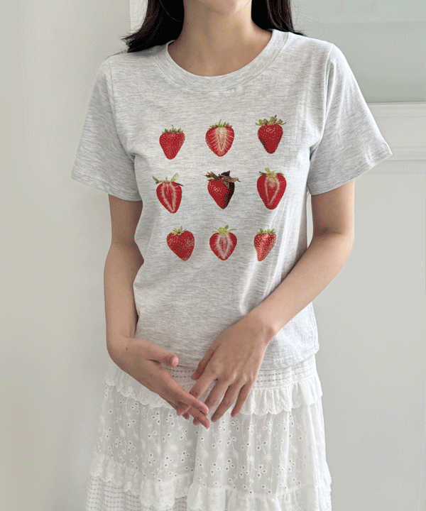 [키치무드] 상큼 딸기 프린팅 라운드 반팔 티셔츠 (무료배송)